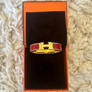 Gold and Red Hermès H Clic Clac Bracelet PM